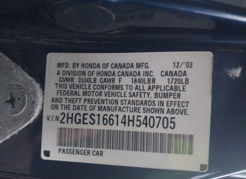 Photo 9 of 2004 Honda Civic LX (VIN 2HGES16614H540705)