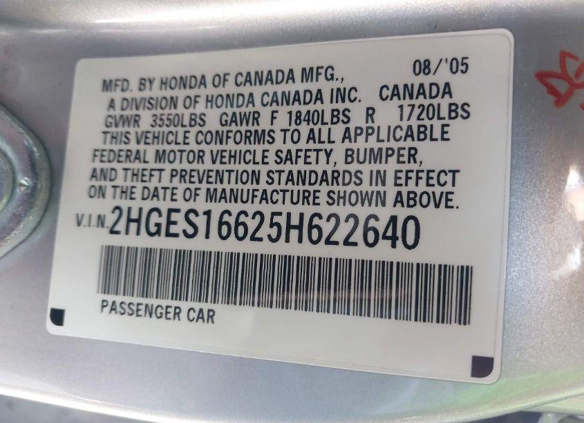 Photo 9 of 2005 Honda Civic LX (VIN 2HGES16625H622640)