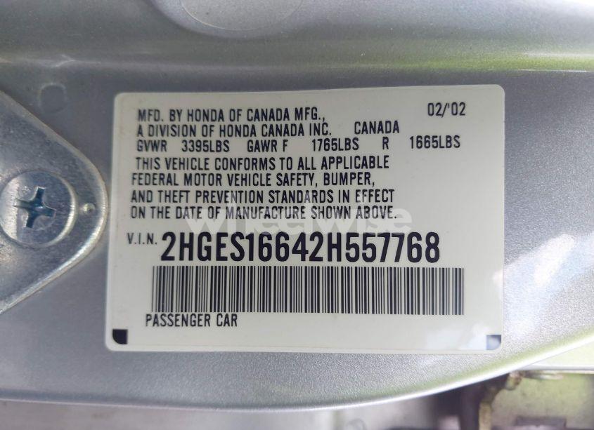 Photo 9 of 2002 Honda Civic LX (VIN 2HGES16642H557768)