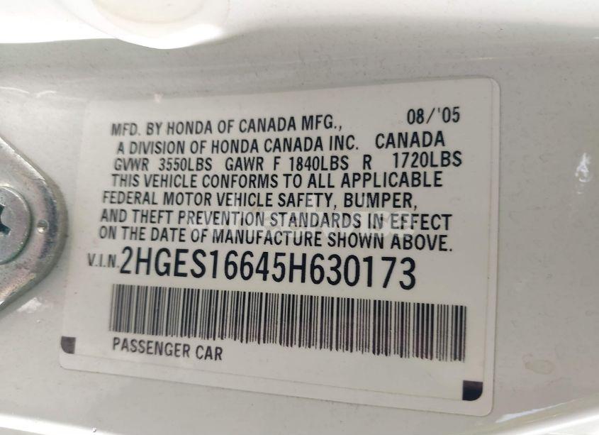 Photo 9 of 2005 Honda Civic LX (VIN 2HGES16645H630173)