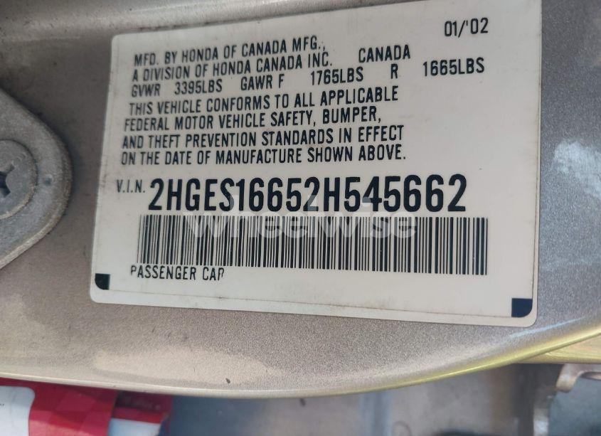 Photo 9 of 2002 Honda Civic LX (VIN 2HGES16652H545662)