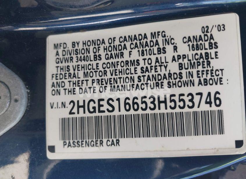 Photo 9 of 2003 Honda Civic LX (VIN 2HGES16653H553746)