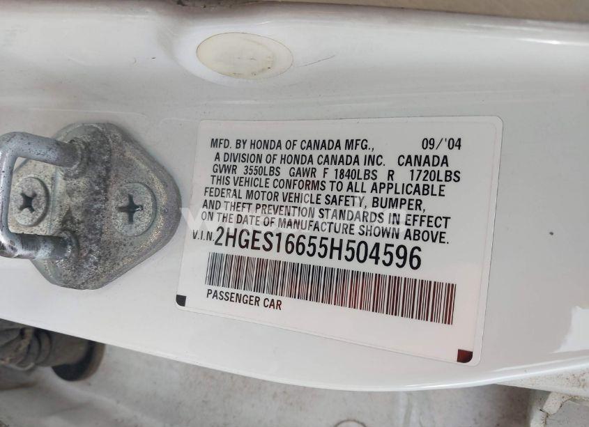 Photo 9 of 2005 Honda Civic LX (VIN 2HGES16655H504596)