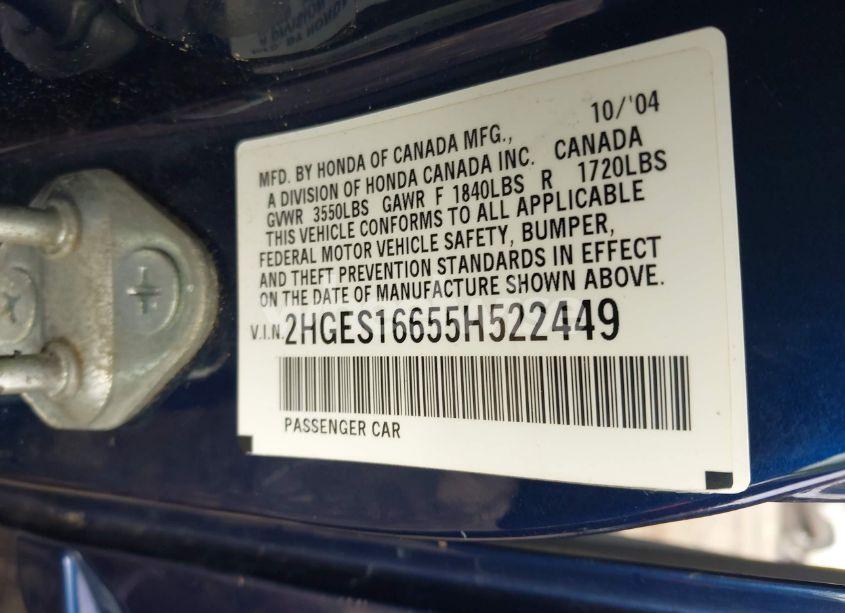 Photo 9 of 2005 Honda Civic LX (VIN 2HGES16655H522449)