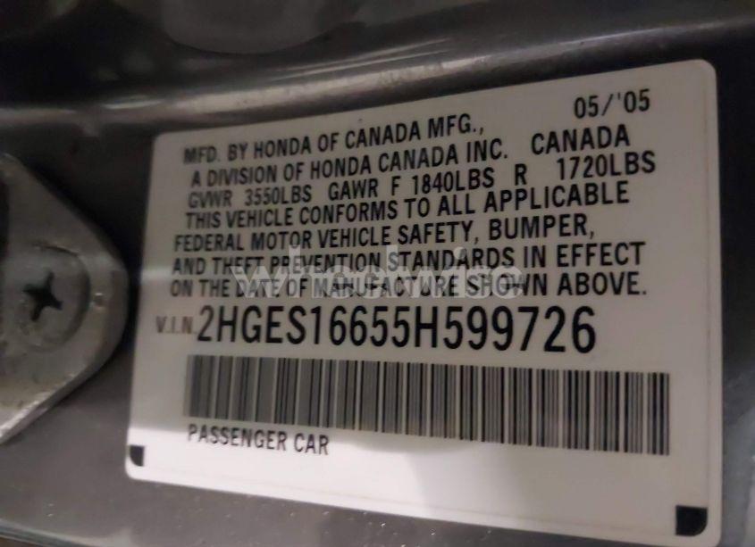 Photo 9 of 2005 Honda Civic LX (VIN 2HGES16655H599726)