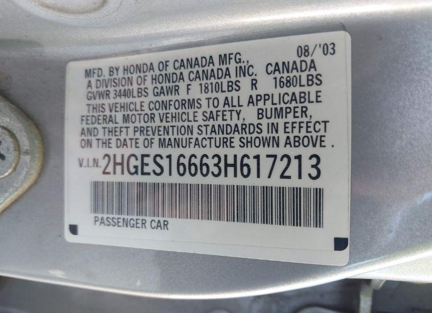 Photo 9 of 2003 Honda Civic LX (VIN 2HGES16663H617213)