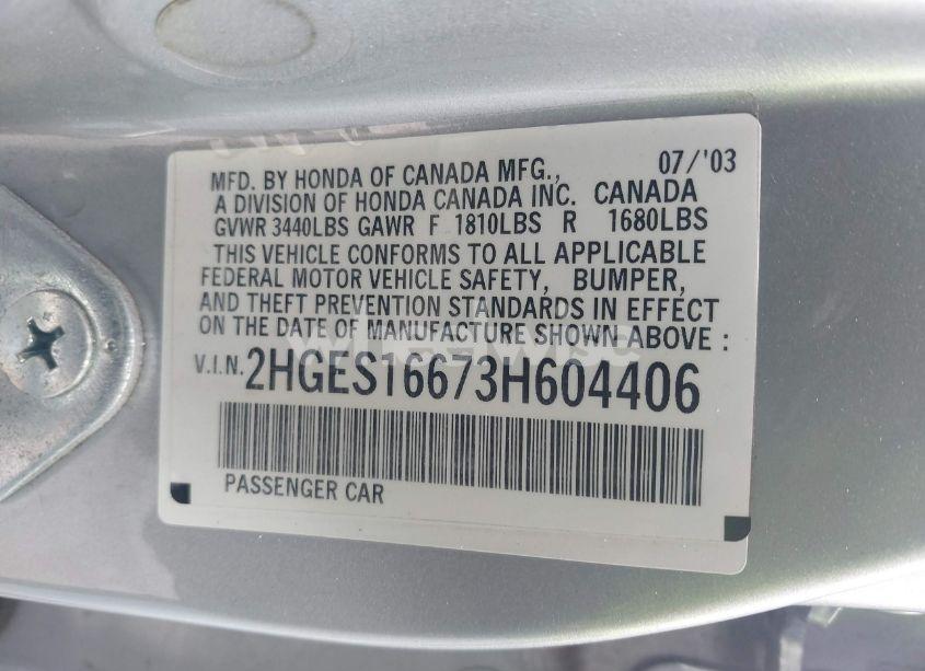 Photo 9 of 2003 Honda Civic LX (VIN 2HGES16673H604406)