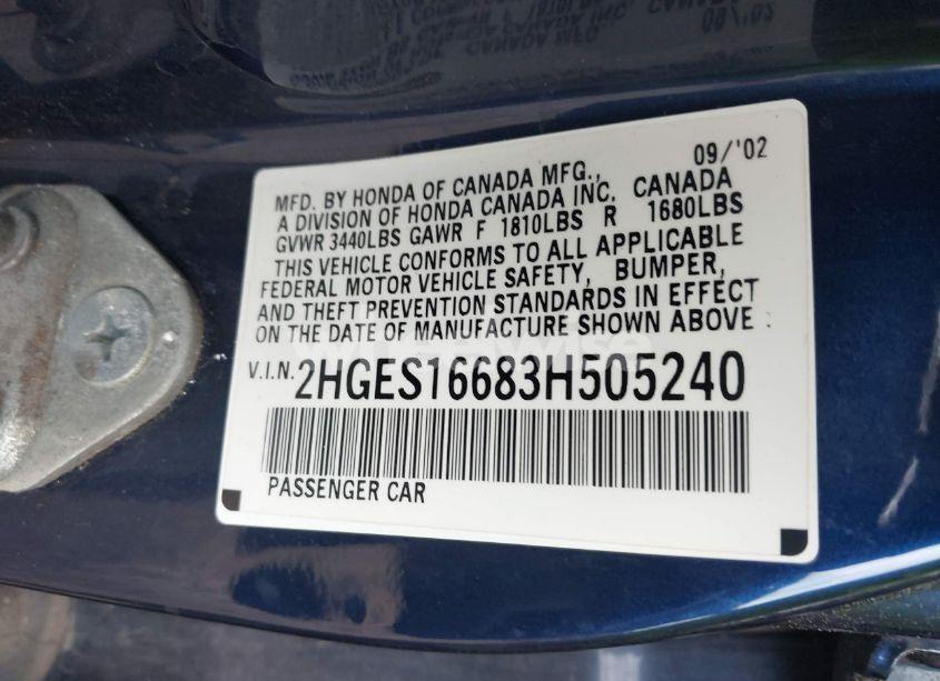 Photo 9 of 2003 Honda Civic LX (VIN 2HGES16683H505240)