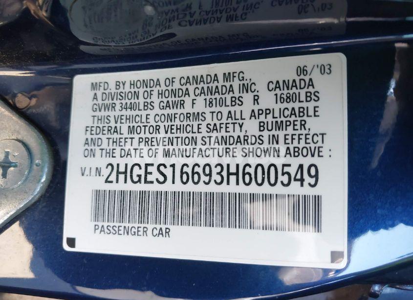 Photo 9 of 2003 Honda Civic LX (VIN 2HGES16693H600549)
