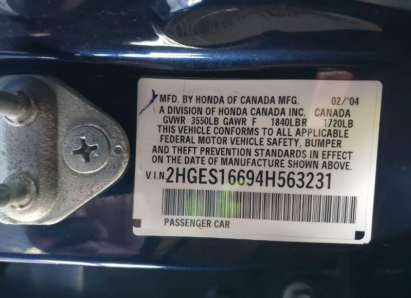 Photo 9 of 2004 Honda Civic LX (VIN 2HGES16694H563231)