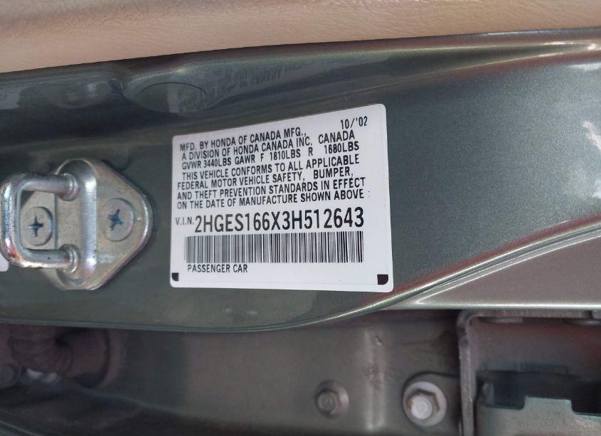 Photo 9 of 2003 Honda Civic LX (VIN 2HGES166X3H512643)