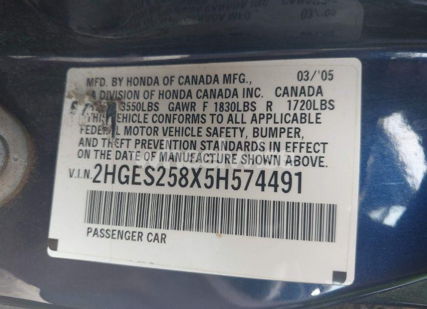 Photo 9 of 2005 Honda Civic EX (VIN 2HGES258X5H574491)