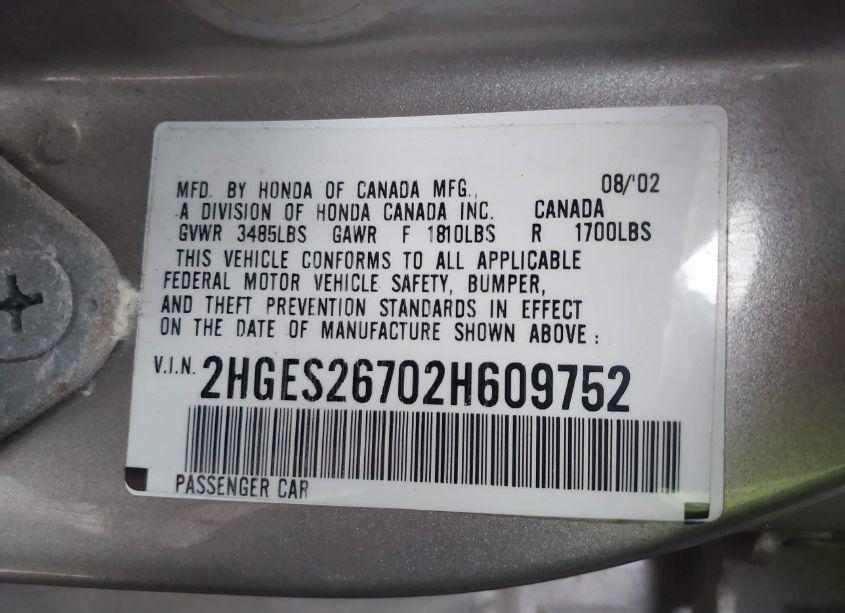 Photo 9 of 2002 Honda Civic EX (VIN 2HGES26702H609752)