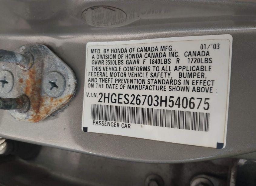 Photo 9 of 2003 Honda Civic EX (VIN 2HGES26703H540675)