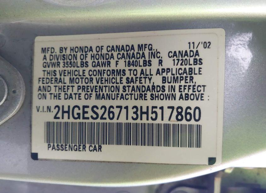 Photo 9 of 2003 Honda Civic EX (VIN 2HGES26713H517860)