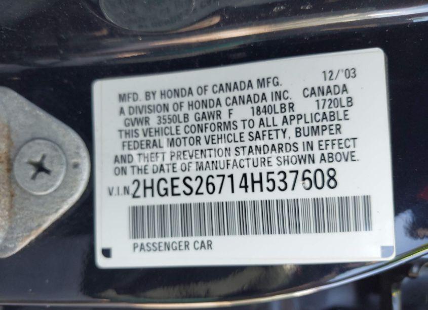 Photo 9 of 2004 Honda Civic EX (VIN 2HGES26714H537608)