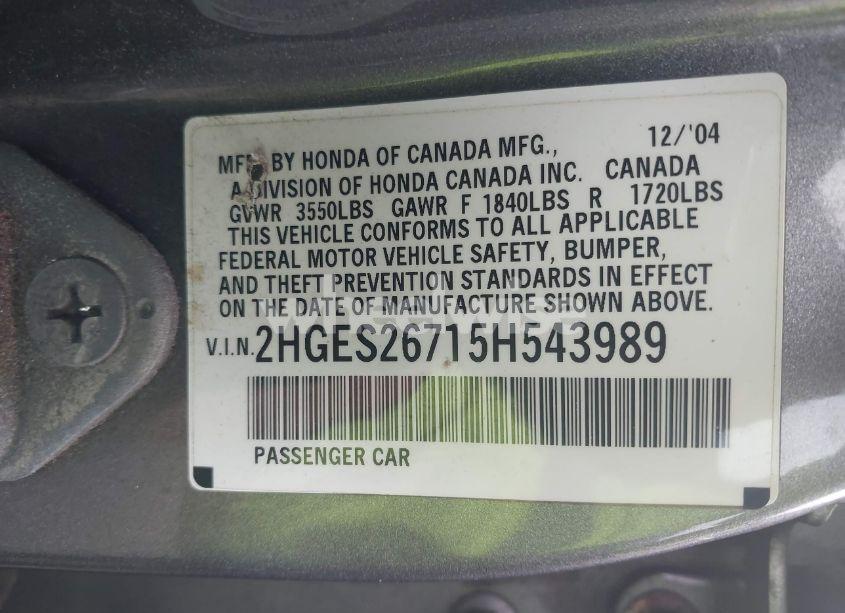 Photo 9 of 2005 Honda Civic EX (VIN 2HGES26715H543989)