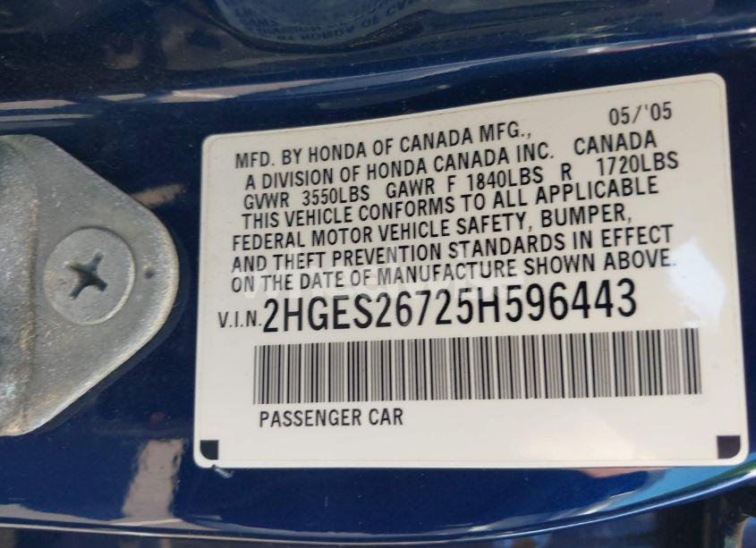 Photo 9 of 2005 Honda Civic EX (VIN 2HGES26725H596443)