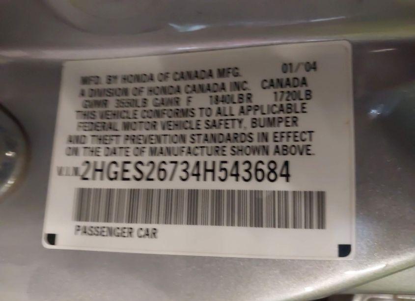 Photo 9 of 2004 Honda Civic EX (VIN 2HGES26734H543684)