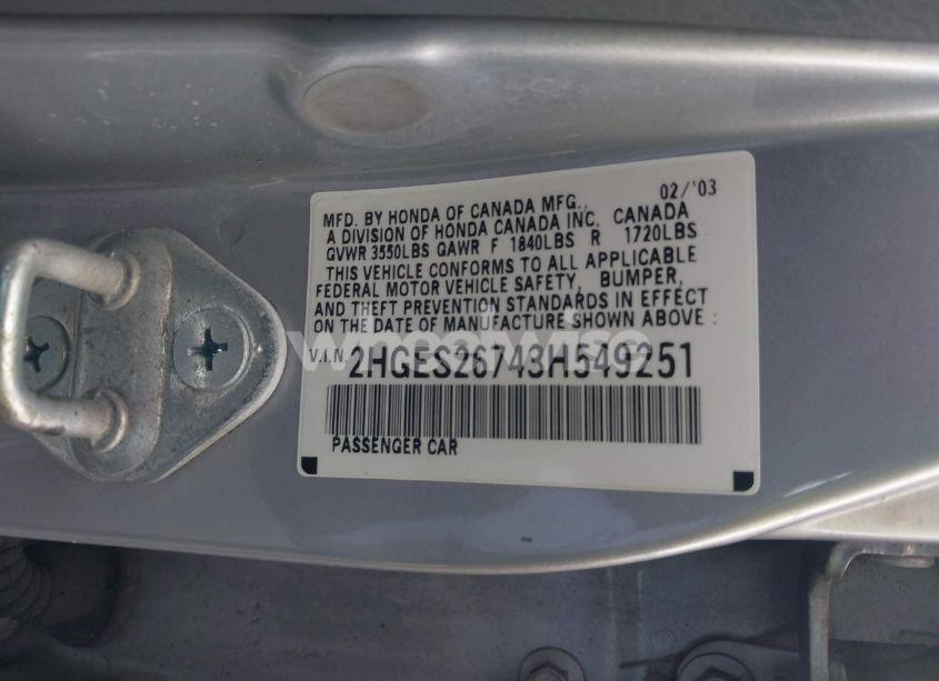 Photo 9 of 2003 Honda Civic EX (VIN 2HGES26743H549251)