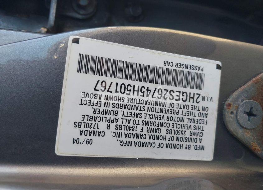Photo 9 of 2005 Honda Civic EX (VIN 2HGES26745H501767)