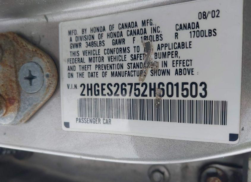 Photo 9 of 2002 Honda Civic EX (VIN 2HGES26752H601503)