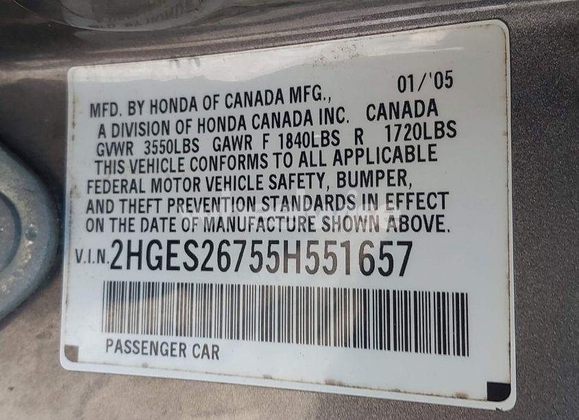 Photo 9 of 2005 Honda Civic EX (VIN 2HGES26755H551657)