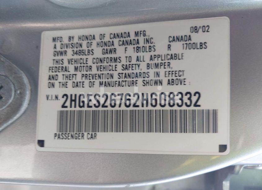 Photo 9 of 2002 Honda Civic EX (VIN 2HGES26762H608332)