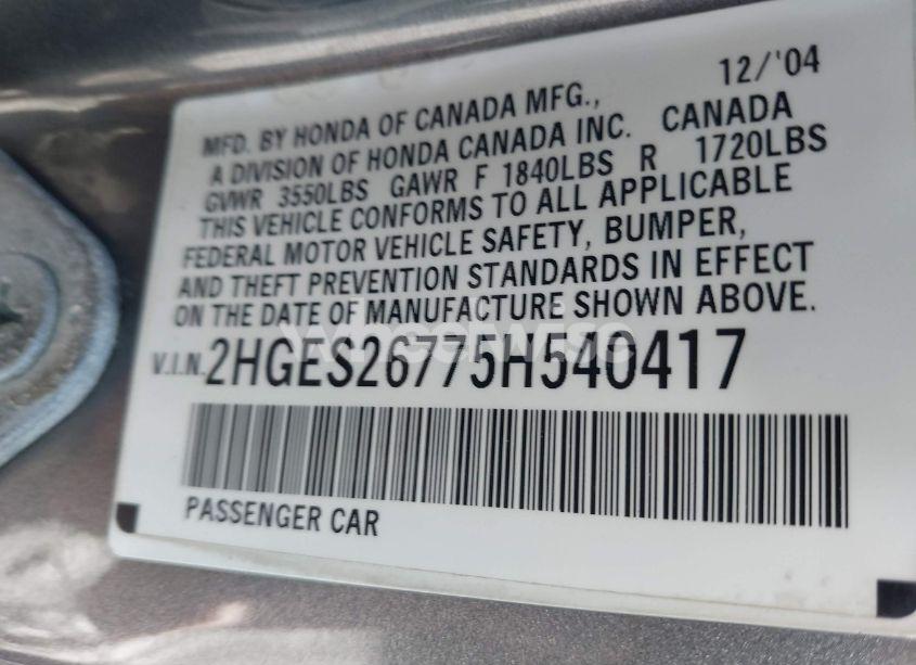 Photo 9 of 2005 Honda Civic EX (VIN 2HGES26775H540417)