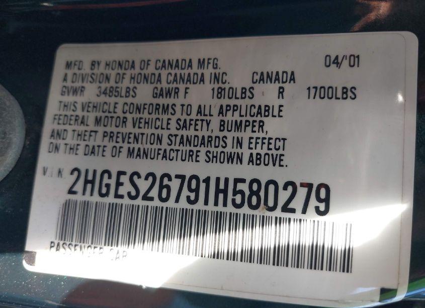 Photo 8 of 2001 Honda Civic EX (VIN 2HGES26791H580279)