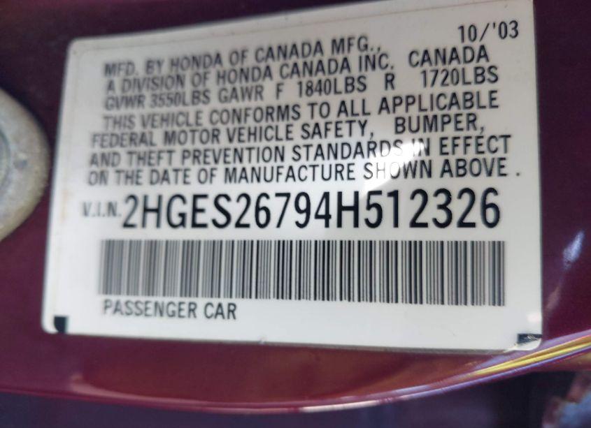 Photo 9 of 2004 Honda Civic EX (VIN 2HGES26794H512326)