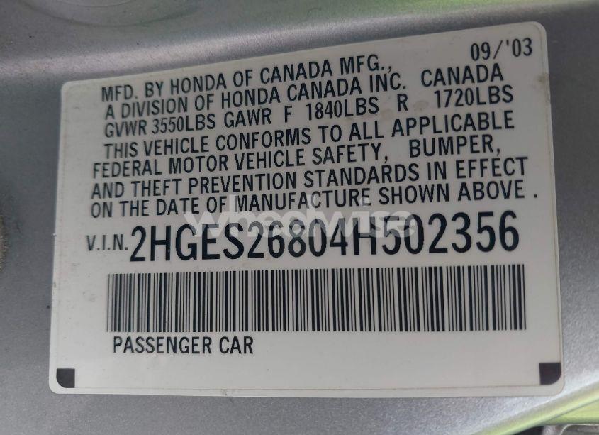 Photo 9 of 2004 Honda Civic EX (VIN 2HGES26804H502356)