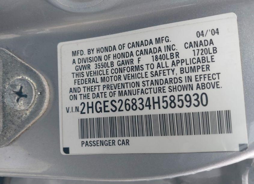 Photo 9 of 2004 Honda Civic EX (VIN 2HGES26834H585930)