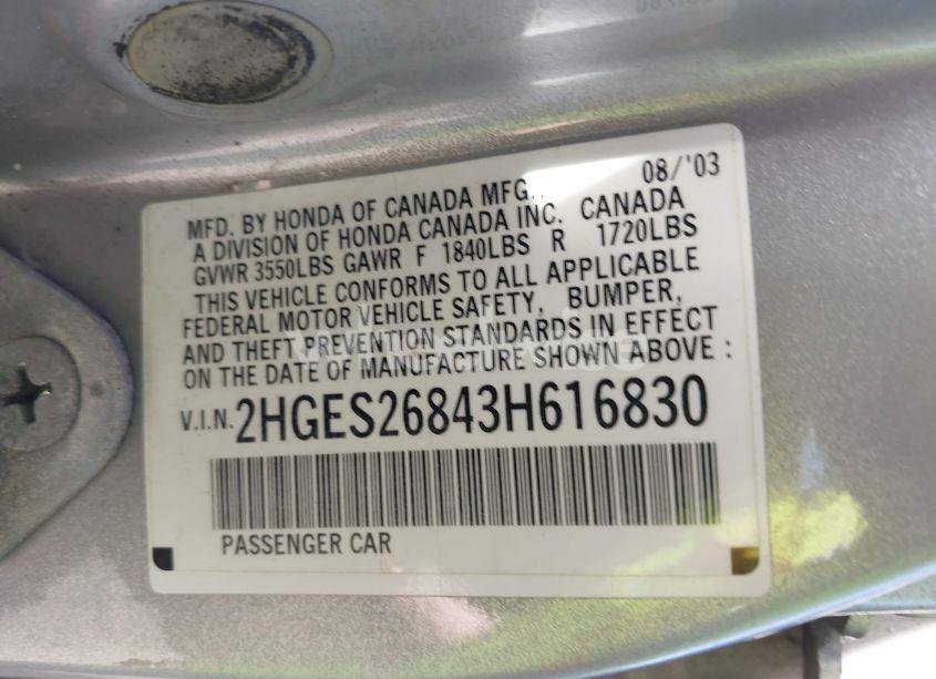 Photo 9 of 2003 Honda Civic EX (VIN 2HGES26843H616830)