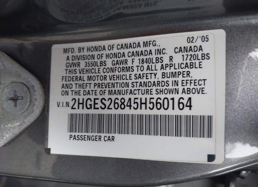 Photo 9 of 2005 Honda Civic EX (VIN 2HGES26845H560164)