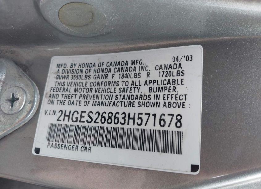 Photo 9 of 2003 Honda Civic EX (VIN 2HGES26863H571678)