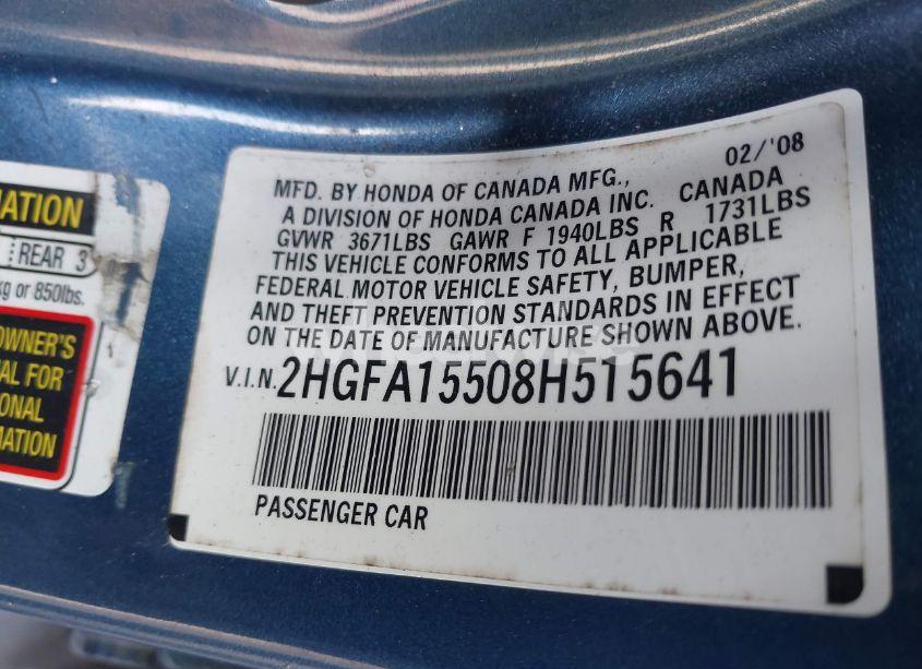 Photo 9 of 2008 Honda Civic LX (VIN 2HGFA15508H515641)