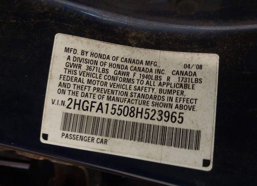 Photo 9 of 2008 Honda Civic LX (VIN 2HGFA15508H523965)