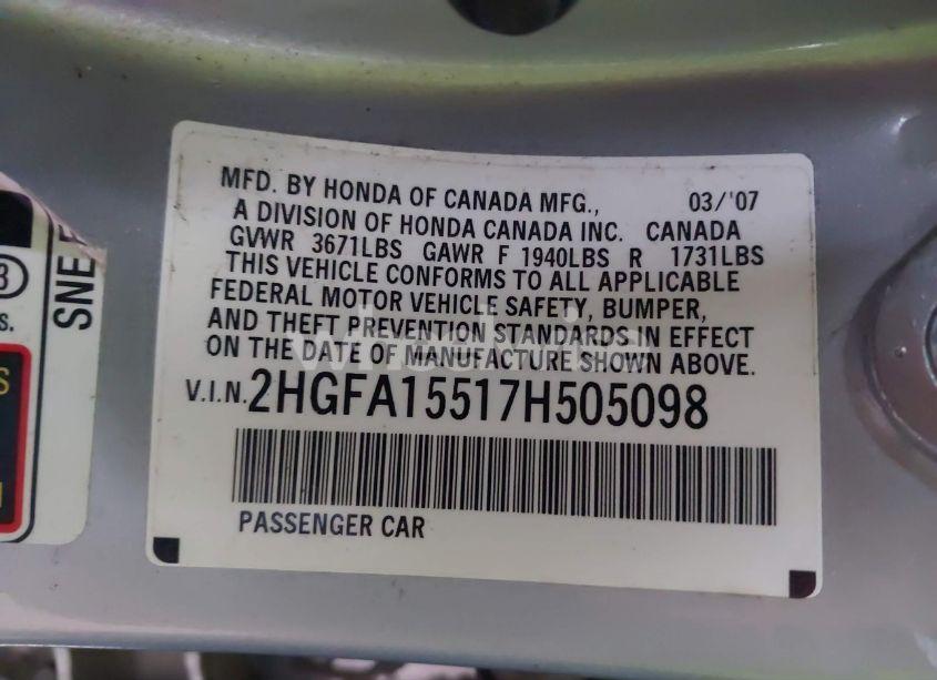 Photo 9 of 2007 Honda Civic LX (VIN 2HGFA15517H505098)