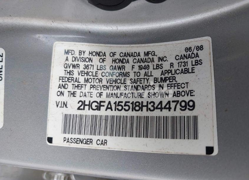 Photo 9 of 2008 Honda Civic LX (VIN 2HGFA15518H344799)