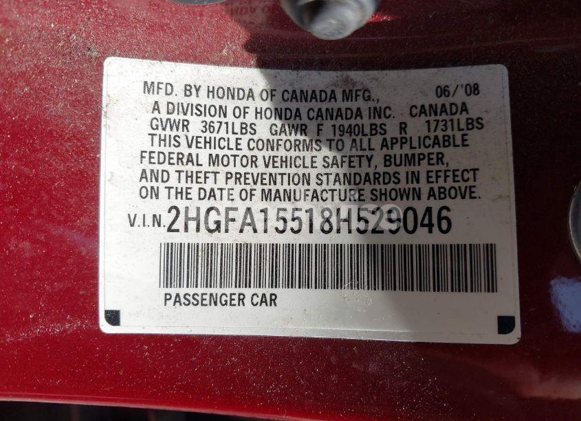 Photo 9 of 2008 Honda Civic LX (VIN 2HGFA15518H529046)