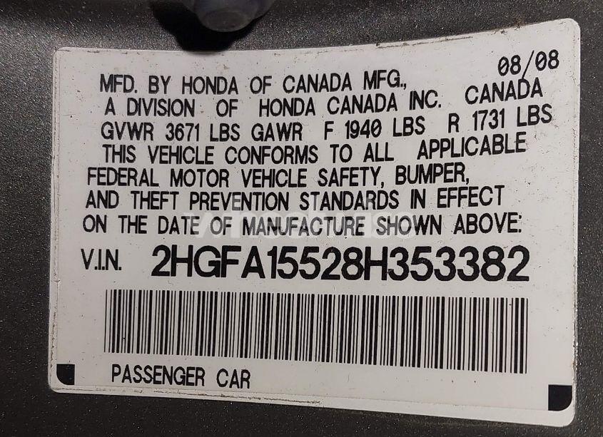 Photo 9 of 2008 Honda Civic LX (VIN 2HGFA15528H353382)