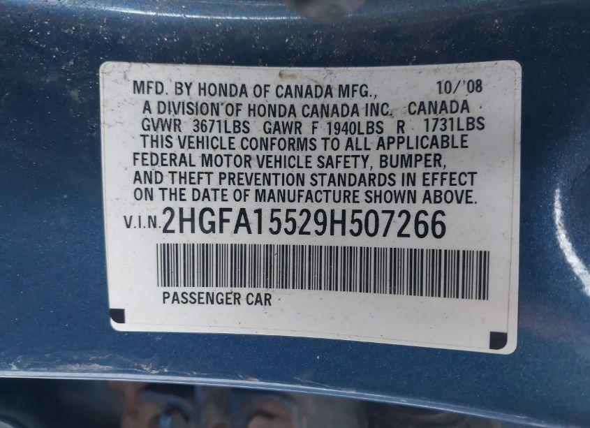 Photo 9 of 2009 Honda Civic LX (VIN 2HGFA15529H507266)