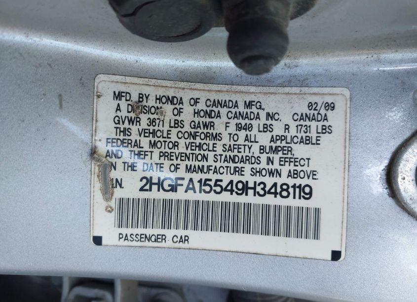 Photo 9 of 2009 Honda Civic LX (VIN 2HGFA15549H348119)