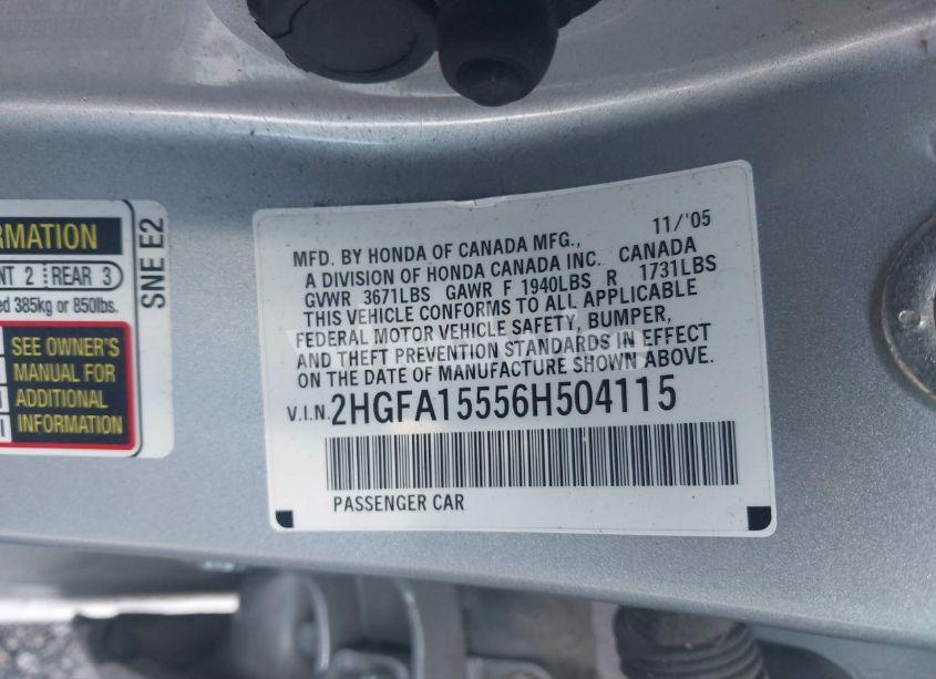 Photo 9 of 2006 Honda Civic LX (VIN 2HGFA15556H504115)