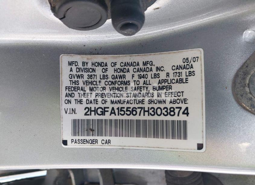 Photo 9 of 2007 Honda Civic LX (VIN 2HGFA15567H303874)