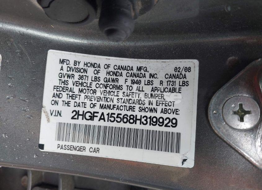 Photo 9 of 2008 Honda Civic LX (VIN 2HGFA15568H319929)