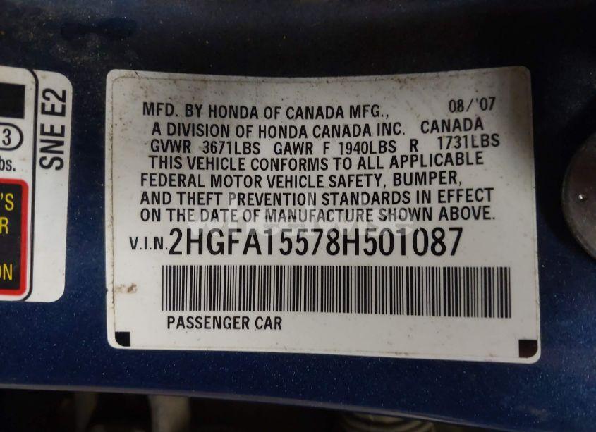 Photo 9 of 2008 Honda Civic LX (VIN 2HGFA15578H501087)