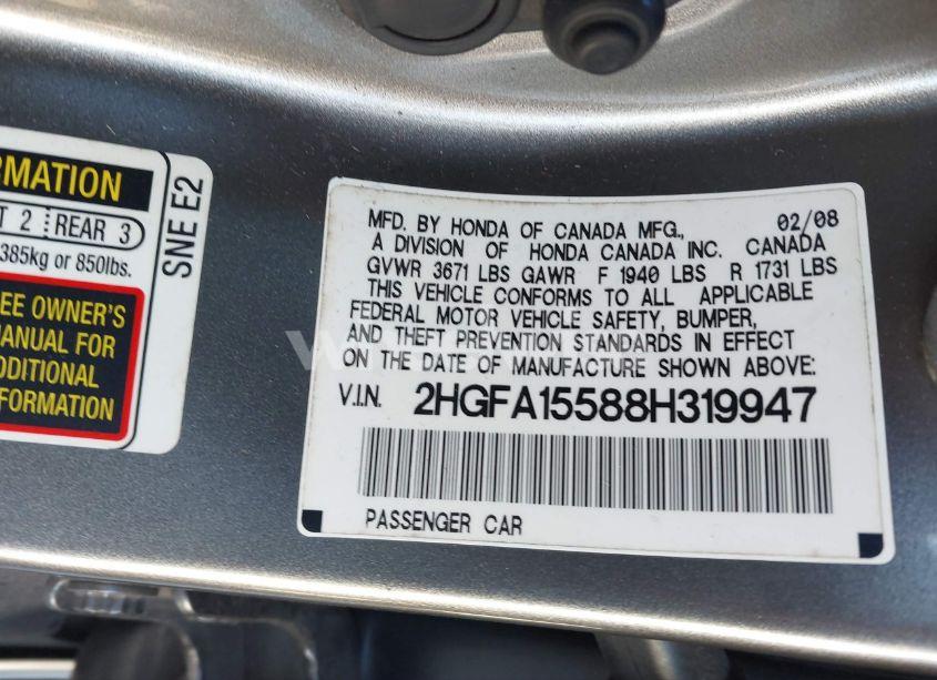 Photo 9 of 2008 Honda Civic LX (VIN 2HGFA15588H319947)