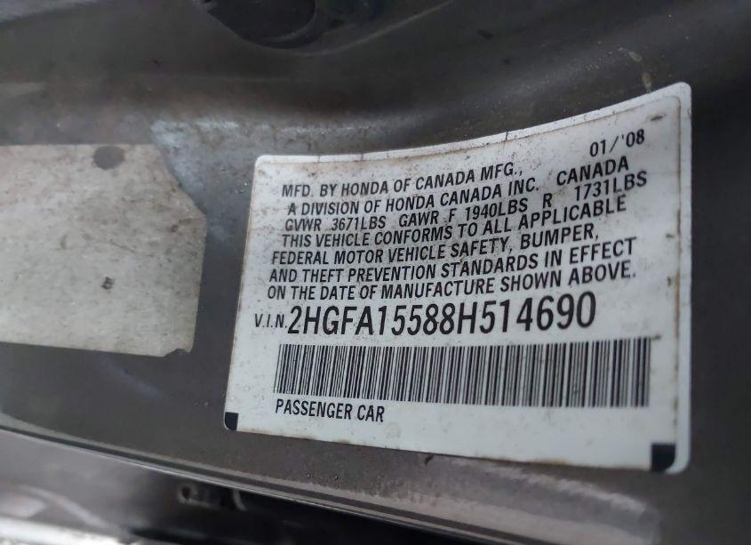 Photo 9 of 2008 Honda Civic LX (VIN 2HGFA15588H514690)